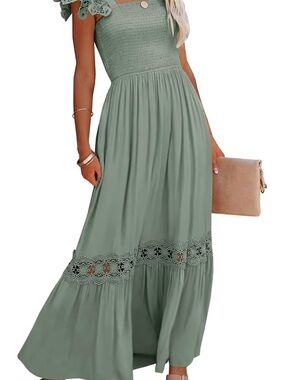 Women’s Sage Green Lace-Trim Maxi Dress - Smocked Bodice